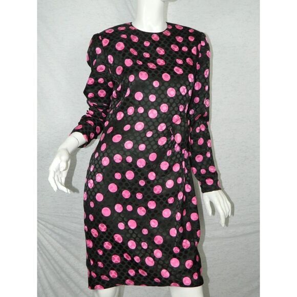 Vintage David Hayes Dress Vintage Black‎ Fuchsia Pink Silk Polka Dots Size 8 - Picture 5 of 12